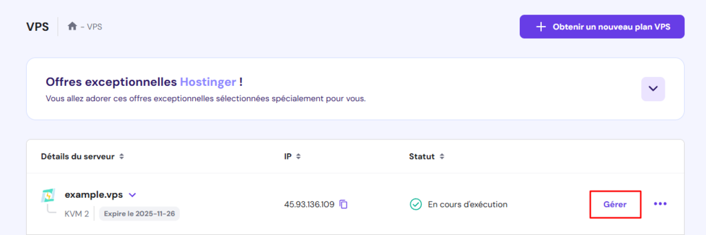 Le bouton G&eacute;rer dans la section VPS de hPanel