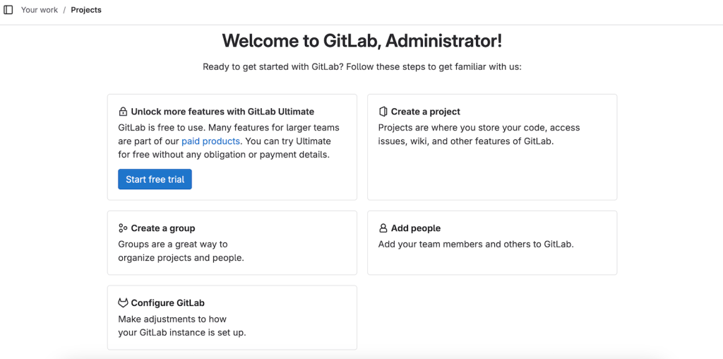 L'écran de bienvenue de GitLab