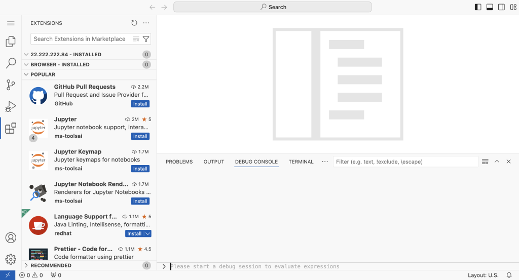 Interface principale de VS Code Server