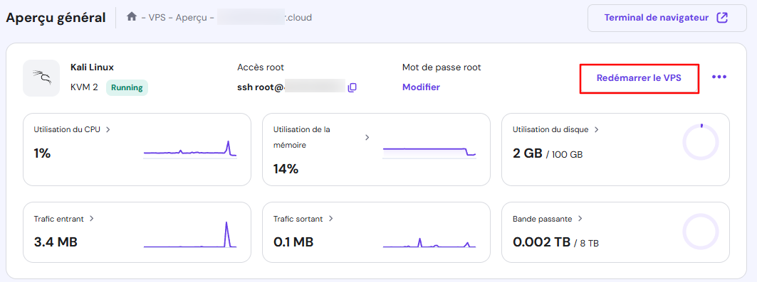 Le bouton Redémarrer le VPS dans le VPS de hPanel