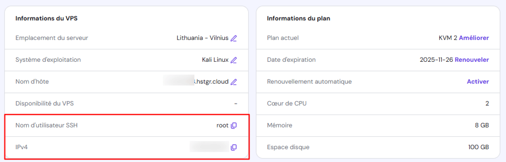 Informations d'acc&egrave;s SSH dans le VPS de hPanel