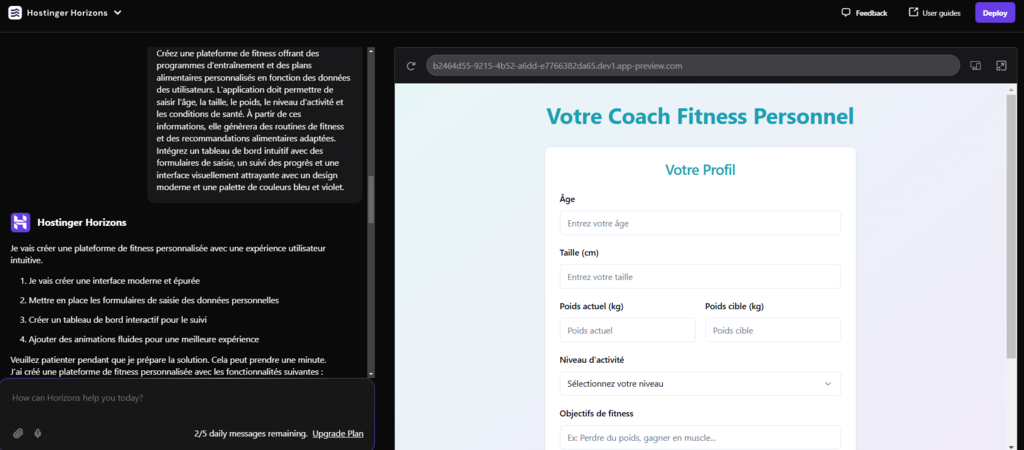 Le tableau de bord du projet Hostinger Horizons