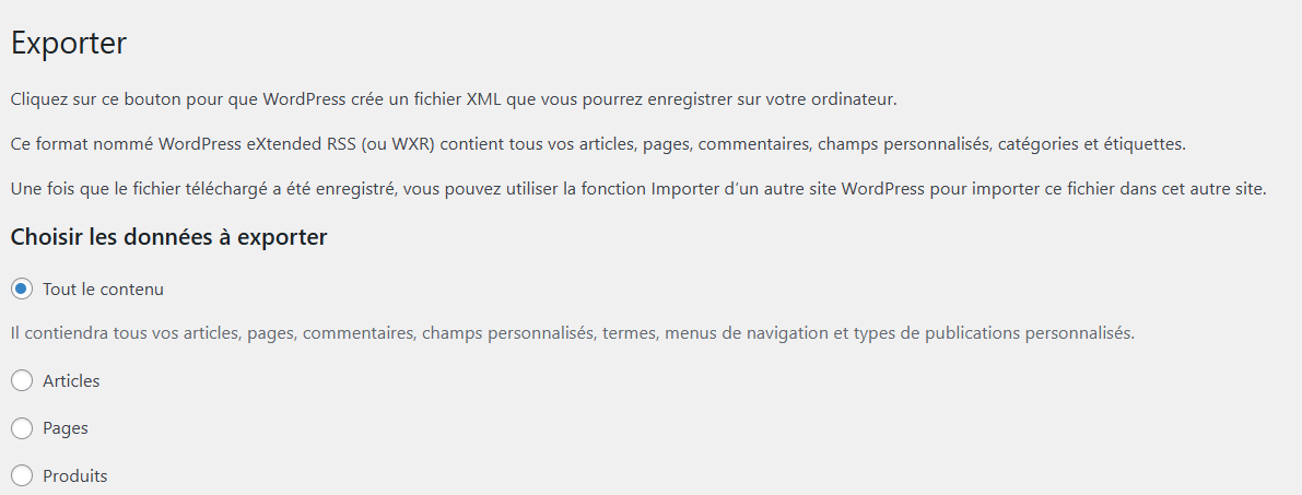 Outil d'exportation intégré à WordPress