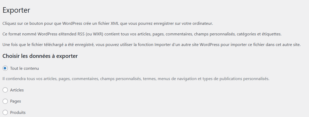 Outil d'exportation int&eacute;gr&eacute; &agrave; WordPress