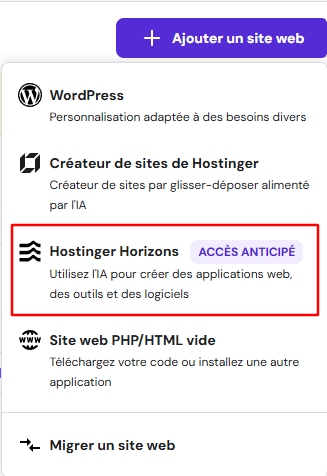 Section dans hPanel pour lancer Hostinger Horizons