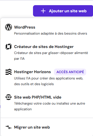 Le menu Hostinger Horizons dans hPanel
