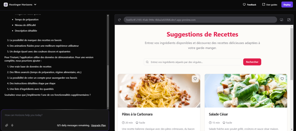 Une invite pour montrer comment être clair et précis lors de l'utilisation de Hostinger Horizons