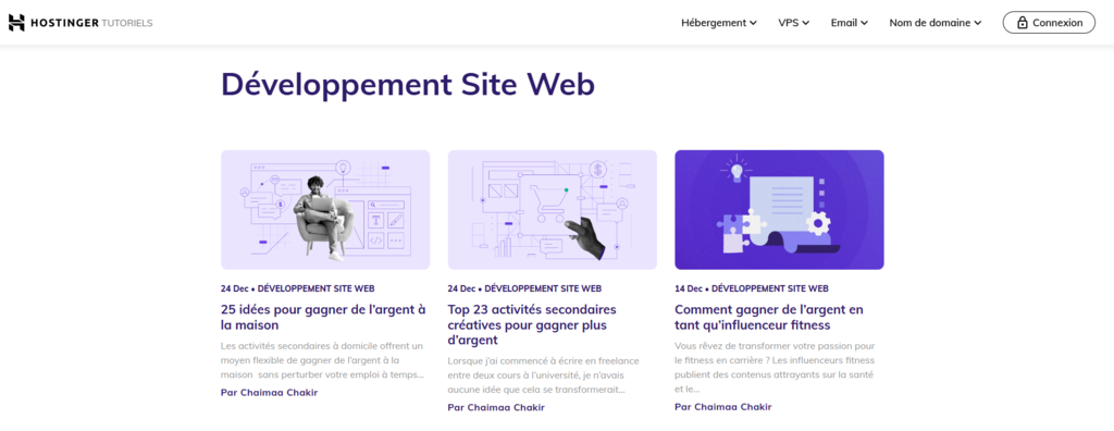 Page du site de tutoriels Hostinger comme exemple de site web