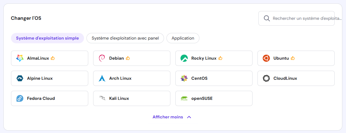 Les options de système d'exploitation Linux disponibles sur le VPS d'Hostinger