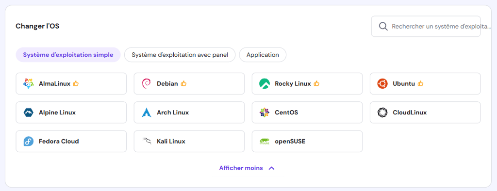 Les options de système d'exploitation Linux disponibles sur le VPS d'Hostinger