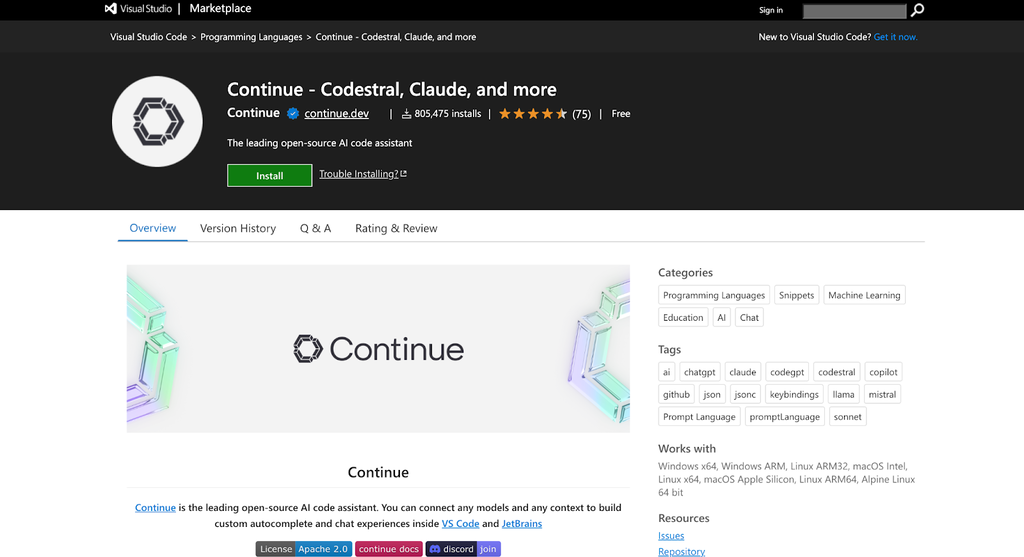 page du marketplace de Continue pour VS Code