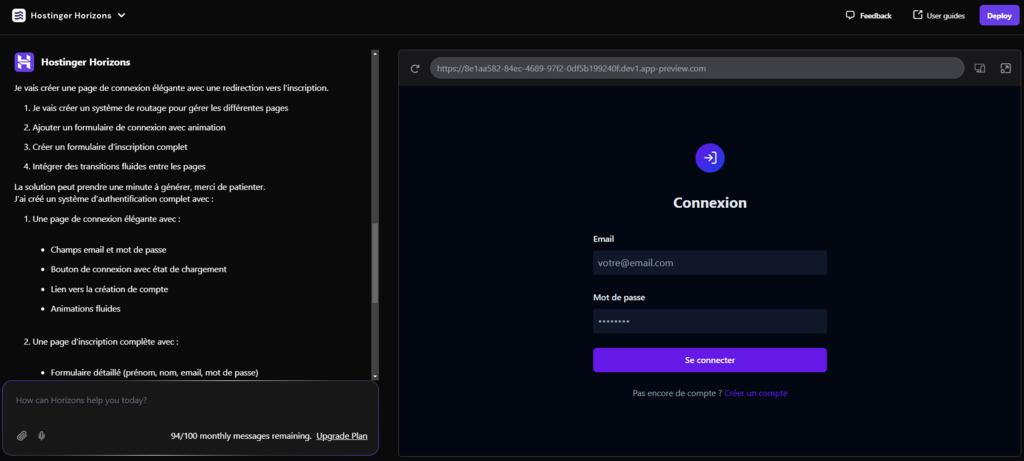 Hostinger Horizons crée une page de connexion à une application Web