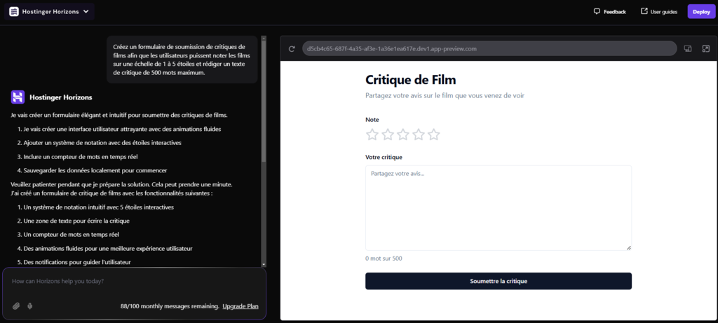 Une invite pour démontrer comment décomposer des idées complexes lors de l'utilisation de Hostinger Horizons