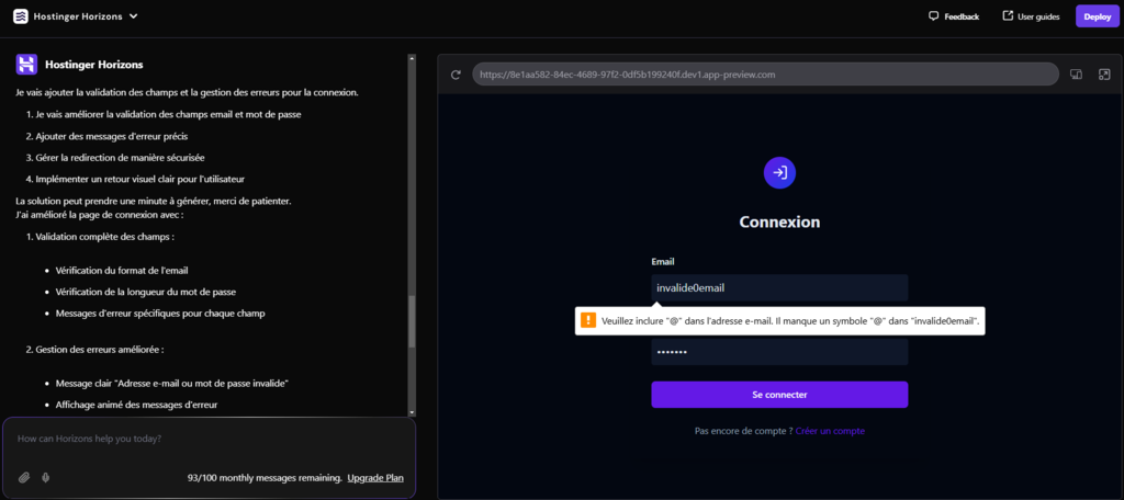 Hostinger Horizons ajoute une logique d'erreur