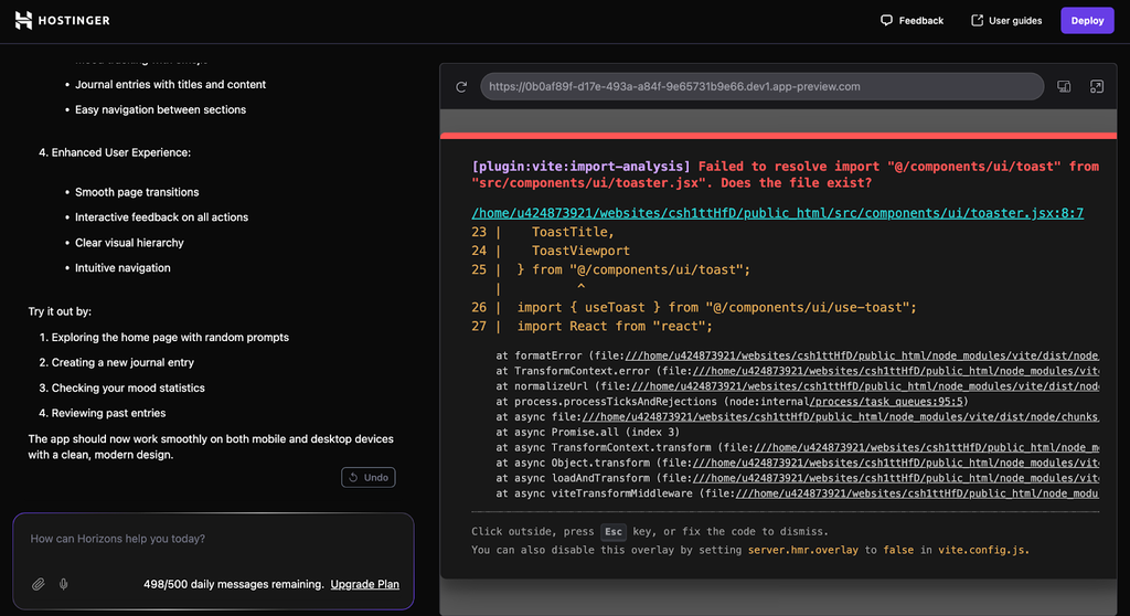 Exemple d'erreur dans Hostinger Horizons
