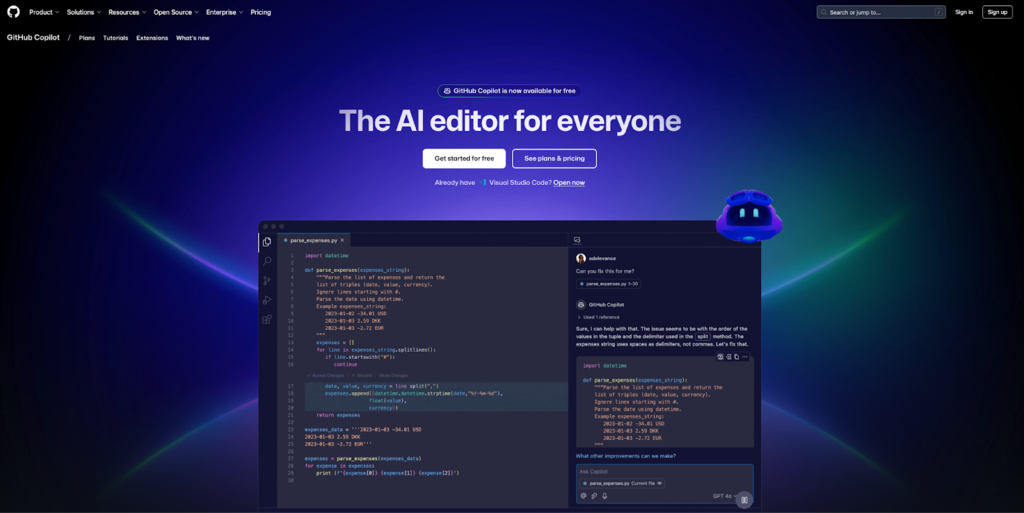 Page d'accueil de GitHub Copilot