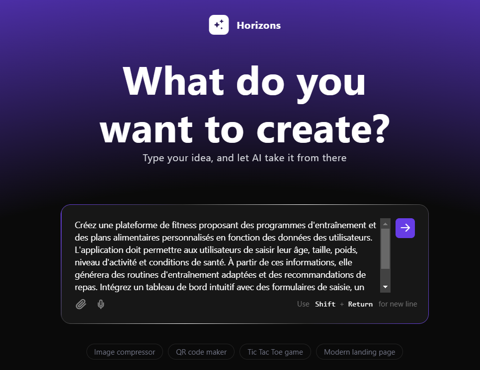 Le champ prompt dans Hostinger Horizons