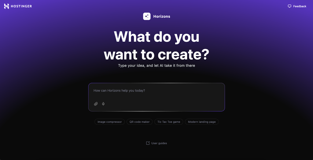 Page d'accueil de Hostinger Horizons