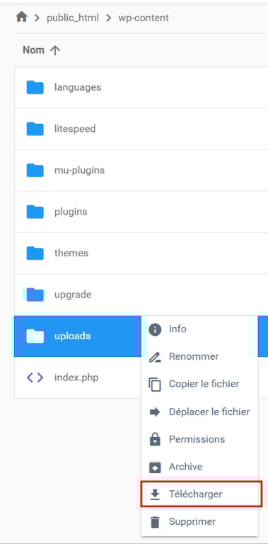 Téléchargement du dossier Uploads à l'intérieur du répertoire wp-content via le gestionnaire de fichiers de Hostinger