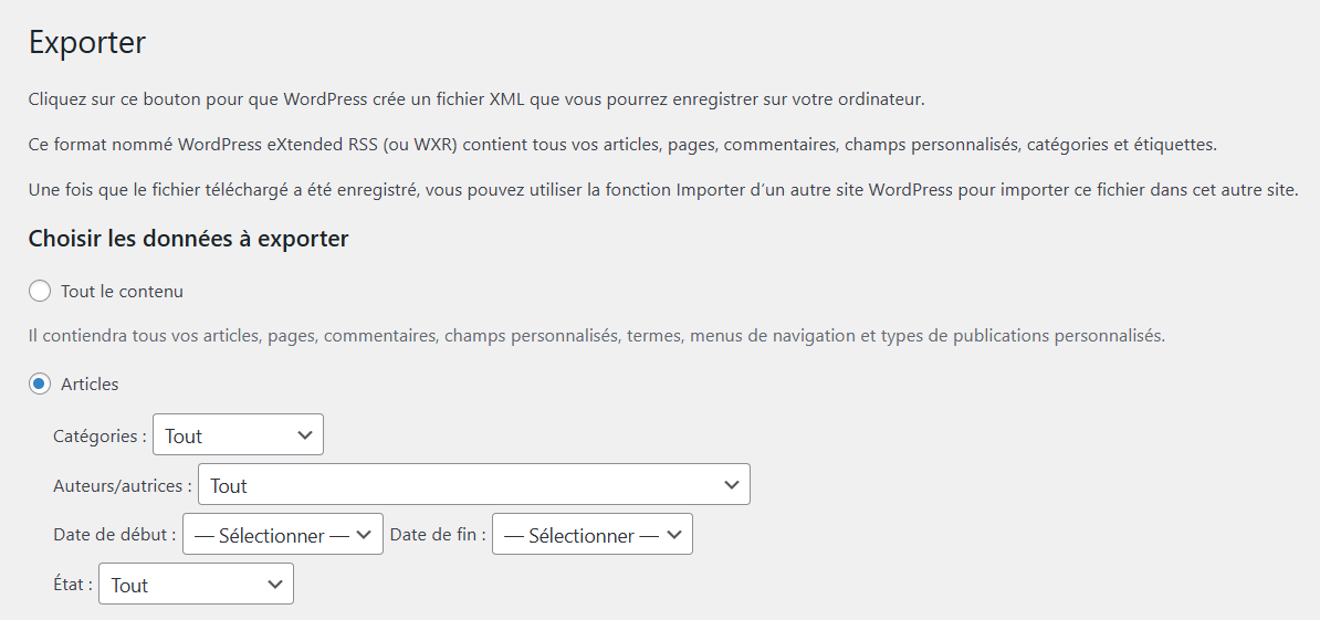 Réduire le nombre d'articles de blog à exporter en fonction des catégories, des auteurs, de la date et de leur statut