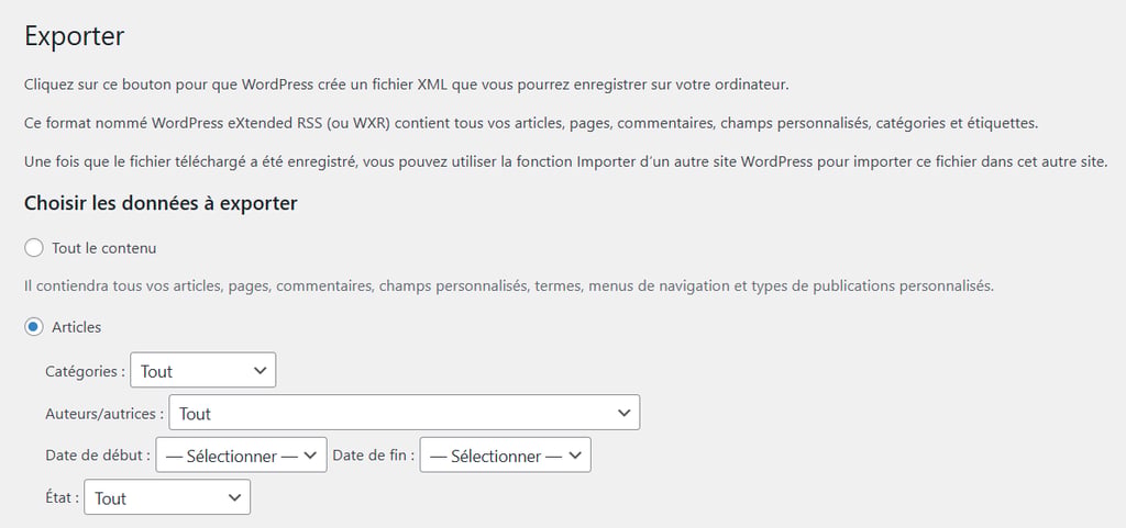 R&eacute;duire le nombre d'articles de blog &agrave; exporter en fonction des cat&eacute;gories, des auteurs, de la date et de leur statut