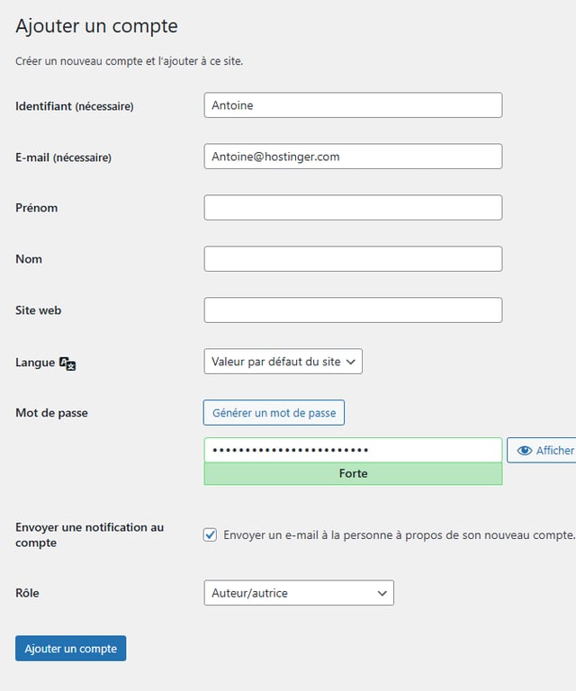 Créer un utilisateur fictif avec le rôle d'auteur dans WordPress