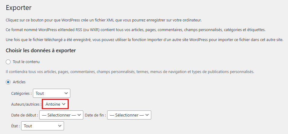 Exporter des articles de blog spécifiques avec l'outil d'exportation de WordPress en utilisant un utilisateur fictif
