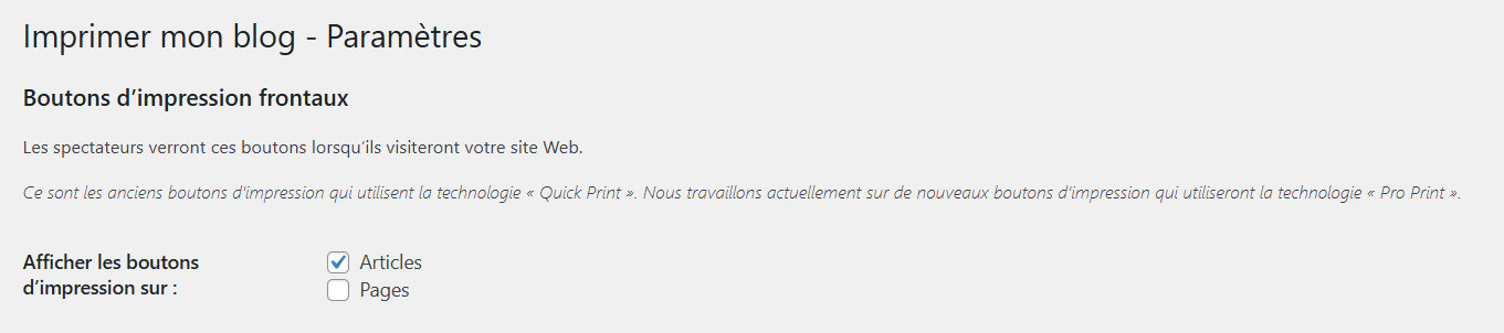 Configuration de l'extension Print My Blog lors de l'installation