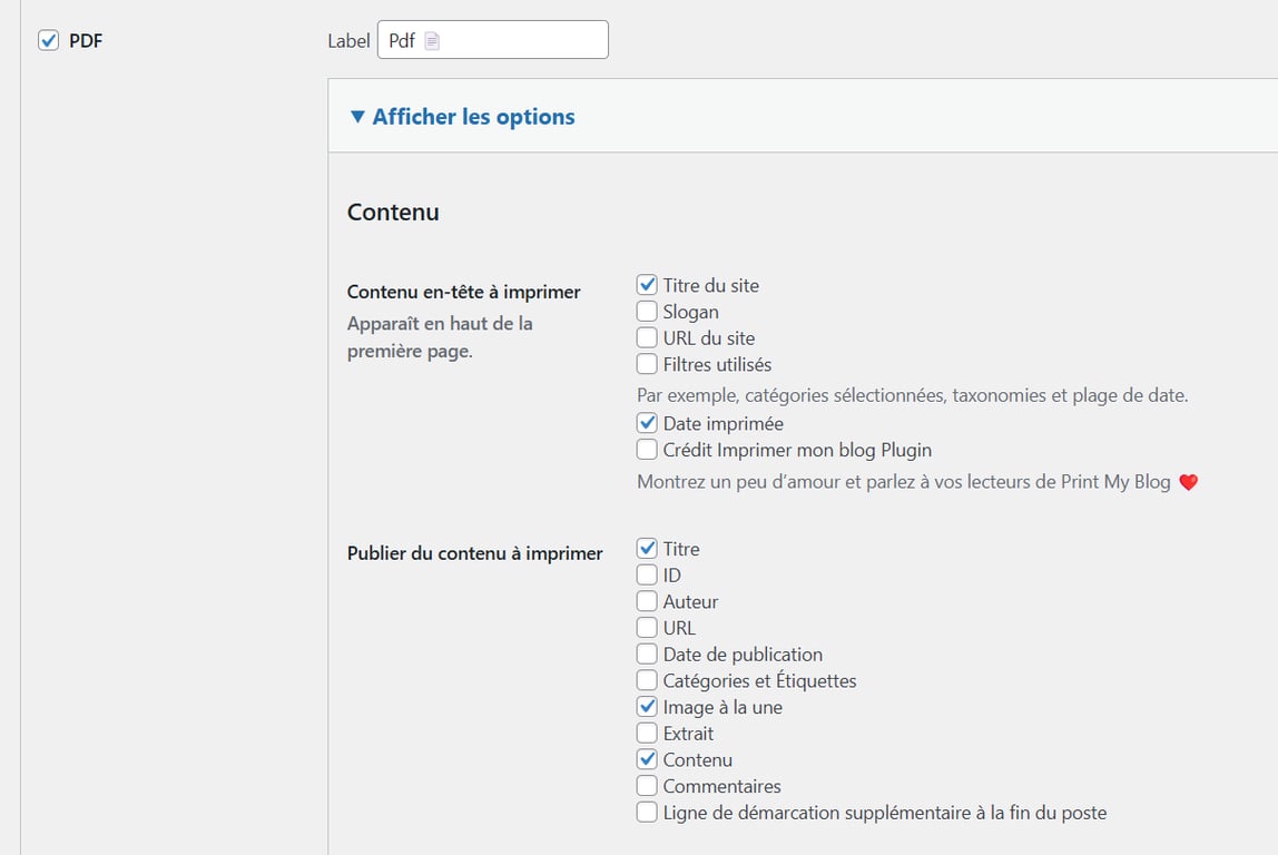 Personnaliser les paramètres de l'extension Print My Blog pour imprimer le contenu souhaité