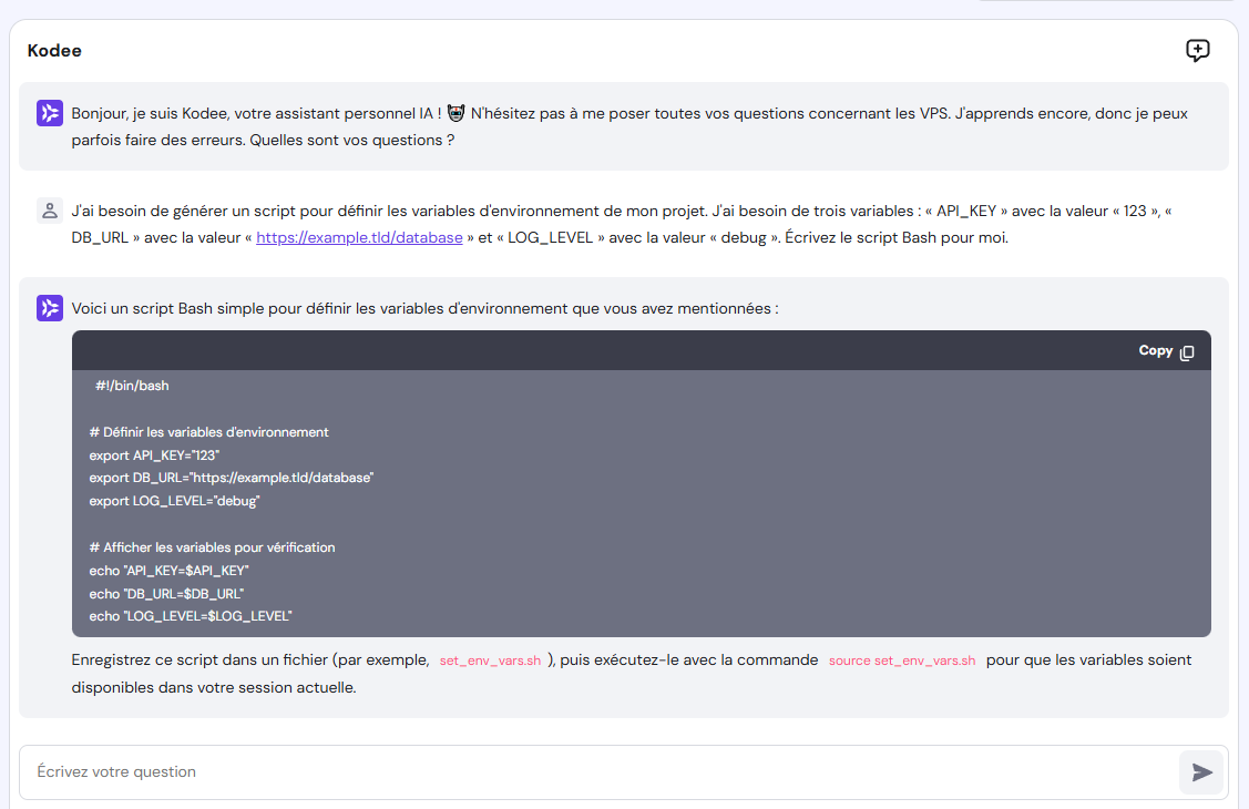 Kodee génère un script pour configurer les variables d'environnement
