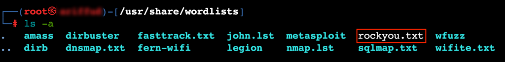 Le fichier rockyou.txt dans le répertoire wordlists