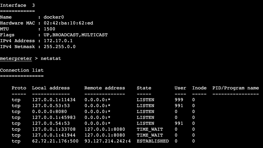 Les résultats des commandes ifconfig et netstat dans Meterpreter