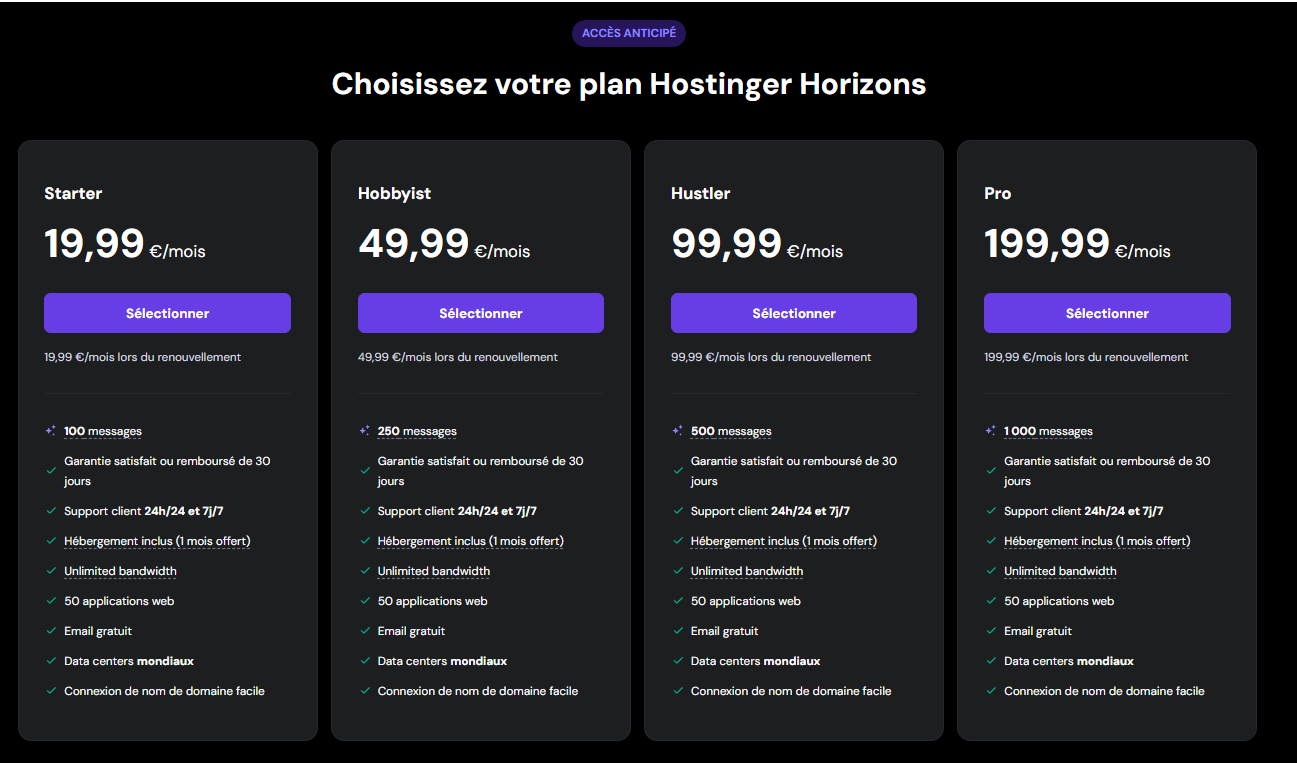 liste des plans sur la page d'accueil de Hostinger Horizons