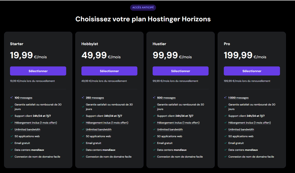 liste des plans sur la page d'accueil de Hostinger Horizons