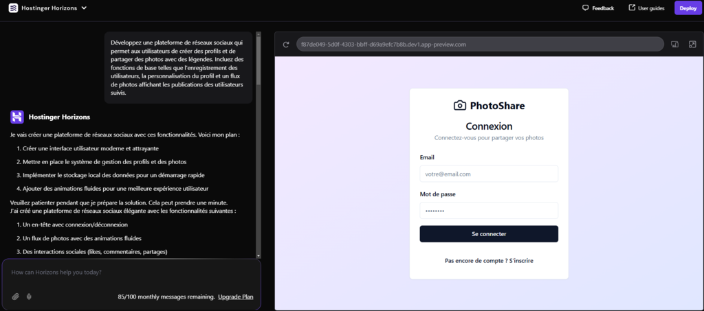 Une invite pour démontrer comment démarrer uniquement avec les fonctionnalités de base lors de l'utilisation de Hostinger Horizons