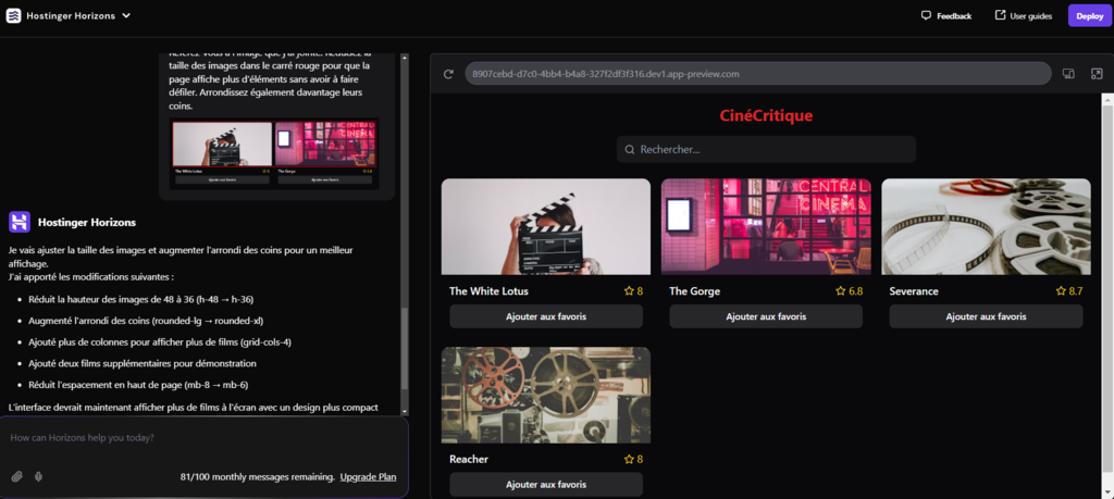 Hostinger Horizons met à jour une partie spécifique de l'application en fonction de l'image saisie