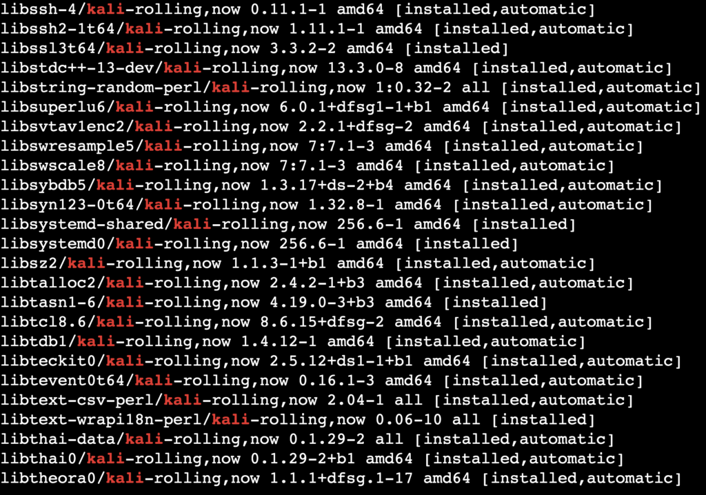 La sortie de la commande apt list --installed
