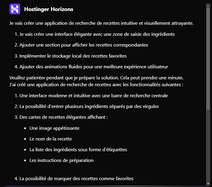 Le panel de travail dans Hostinger Horizons