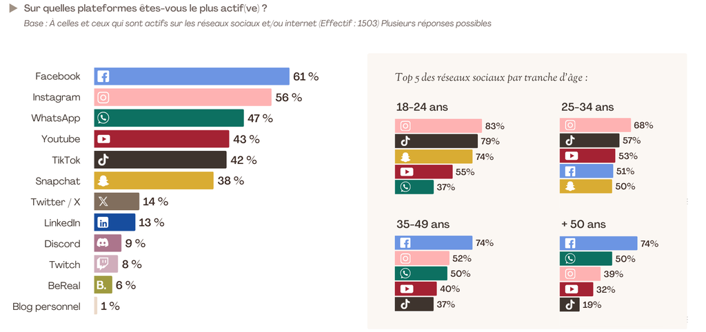 Infographie montrant les r&eacute;seaux sociaux les plus utilis&eacute;s par les Fran&ccedil;ais selon l'&acirc;ge