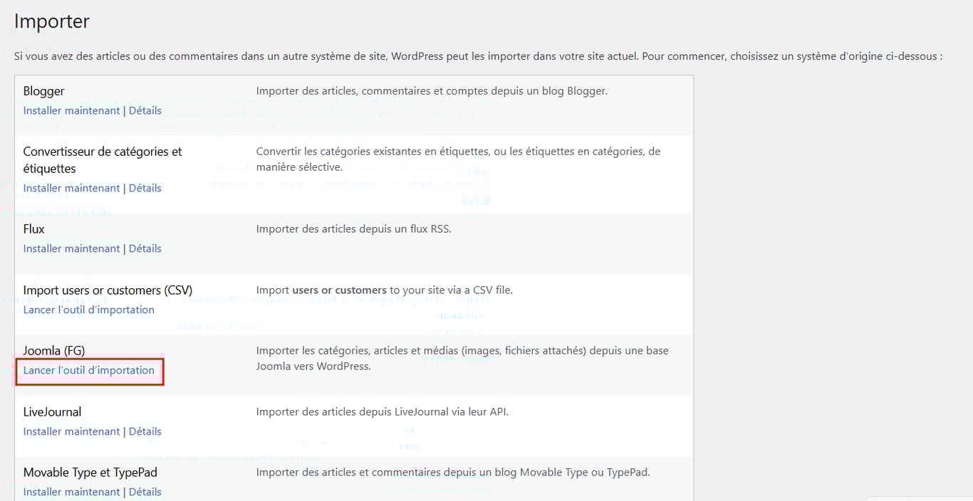 Sélection de Lancer l’outil d’importation sous l’option Joomla (FG) sur le tableau de bord WordPress
