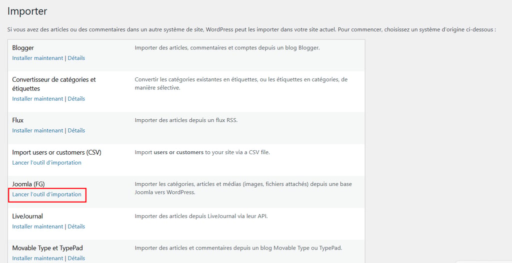 S&eacute;lection de Lancer l&rsquo;outil d&rsquo;importation sous l&rsquo;option Joomla (FG) sur le tableau de bord WordPress