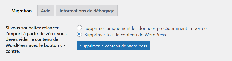 Section de migration WordPress