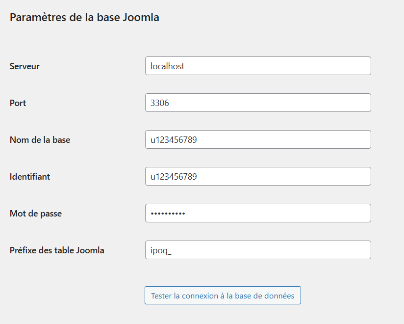 Paramètres de la base de données Joomla