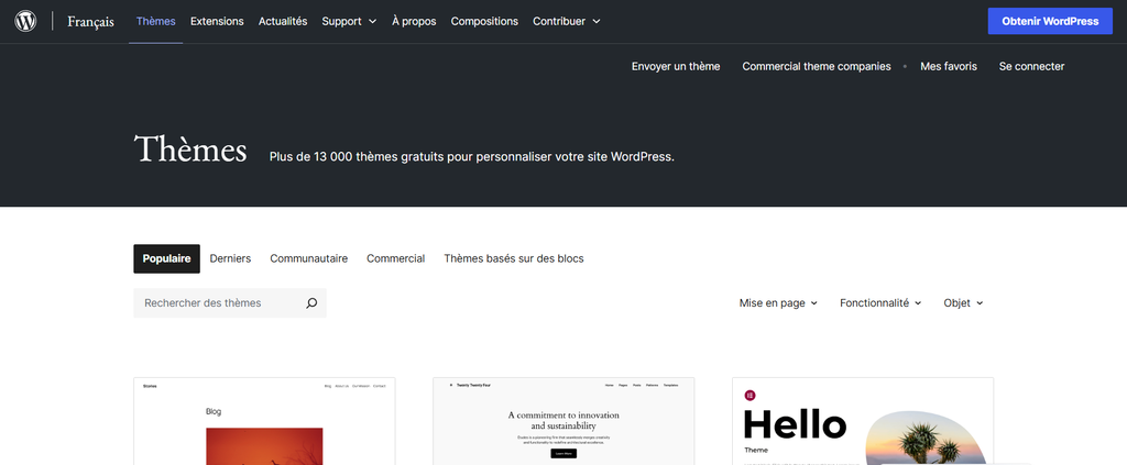 La bibliothèque de thèmes WordPress officielle