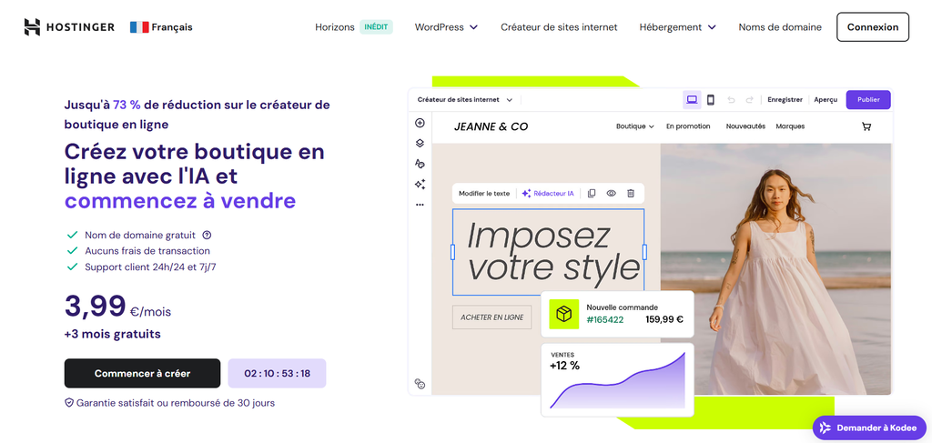 Page d&rsquo;accueil du cr&eacute;ateur de boutique en ligne de Hostinger