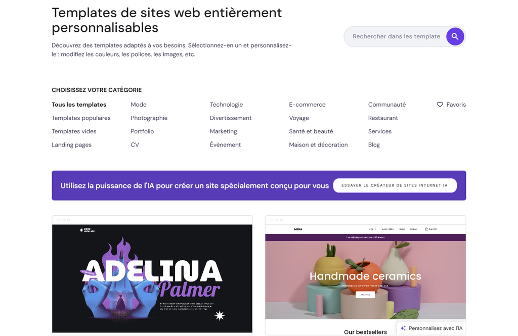 Templates de sites web pour le cr&eacute;ateur de sites internet de Hostinger
