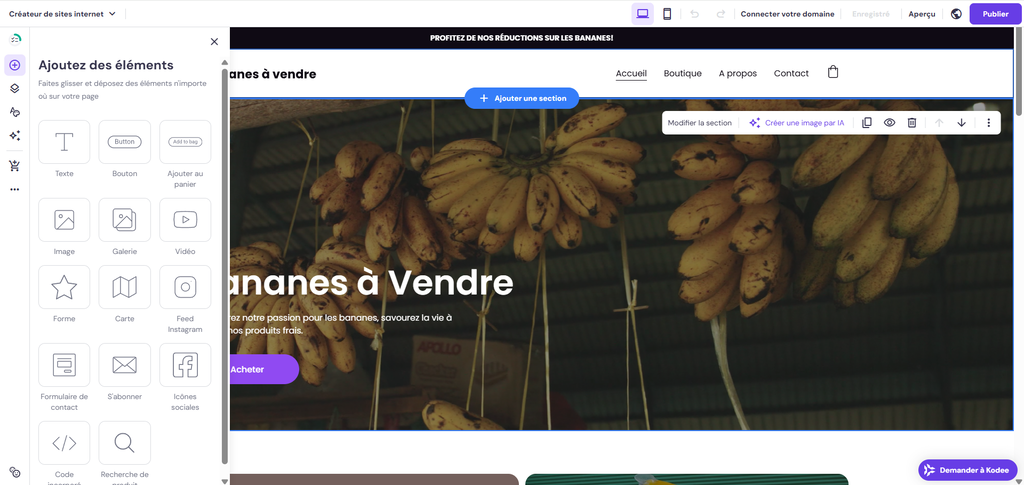 Menu Ajouter des éléments déplié