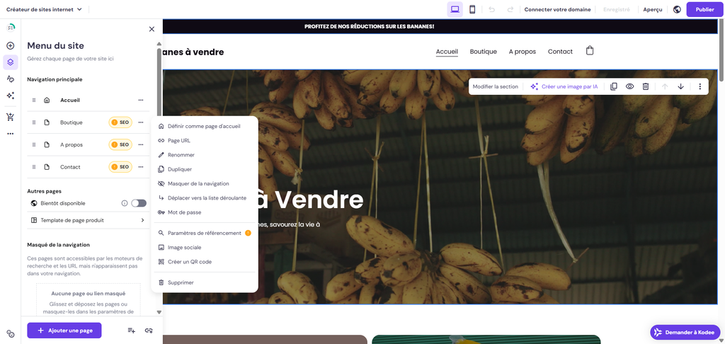 Les paramètres individuels de la page dépliés