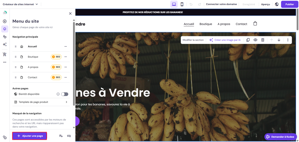 Les paramètres individuels de la page dépliés