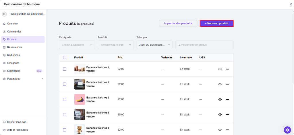 Paramètres des produits de la boutique en ligne avec le bouton +Nouveau produit mis en évidence